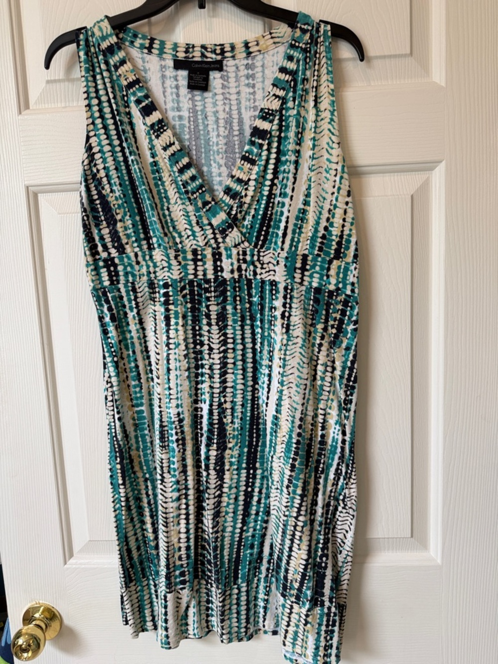 Calvin Klein Jeans Teal, Navy, Tan & White Sleeveless V-Neck Dress